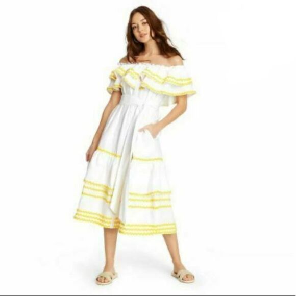 Lisa Marie Fernandez for Target Ric Rac Off The Shoulder Dress White Yellow XL - Picture 1 of 12